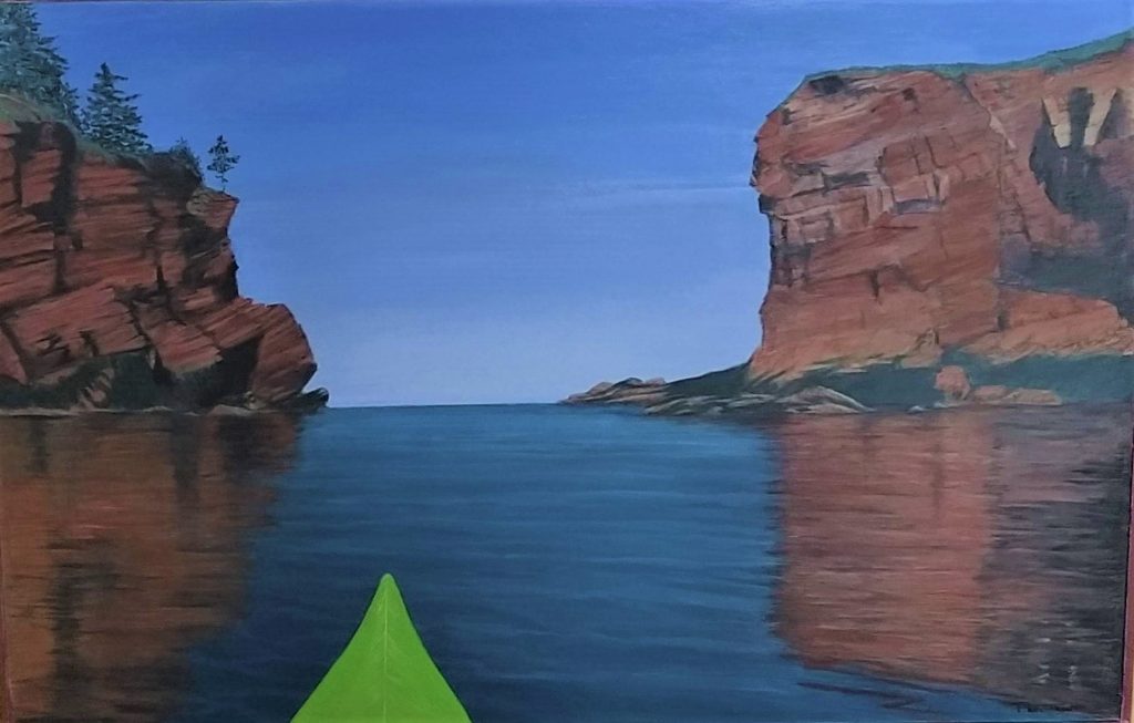 Acrylic painting of a kayak approaching Split Rock on the Bay of Fundy, inspired by the kayaking experience that changed artist Patti Trout's life.
