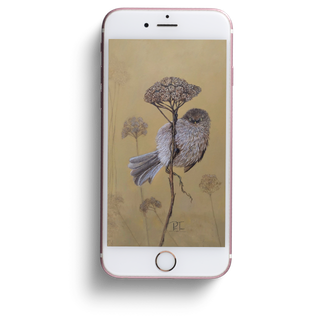 Smartphone with a beige artwork of a bird perched on a branch displayed on its screen.